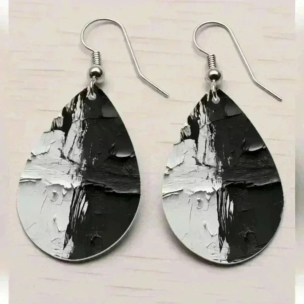 Black and white  abstract oil painting printed tear drop pendant earrings